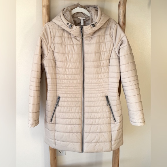 Zella City Dweller Longline Primaloft Quilted Cream Puffer Hooded Coat Jacket L - Picture 3 of 12